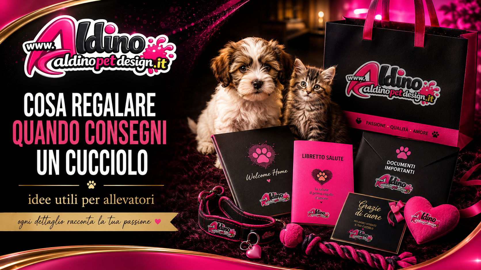 Cosa regalare quando consegni un cucciolo: kit personalizzato per allevatori Aldino Pet Design