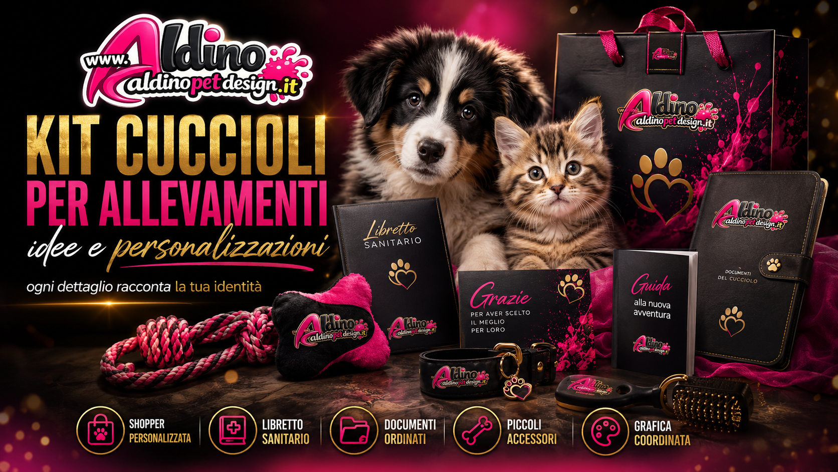 Kit cuccioli per allevamenti di cani e gatti Aldino Pet Design con shopper, libretto sanitario, documenti e accessori personalizzati