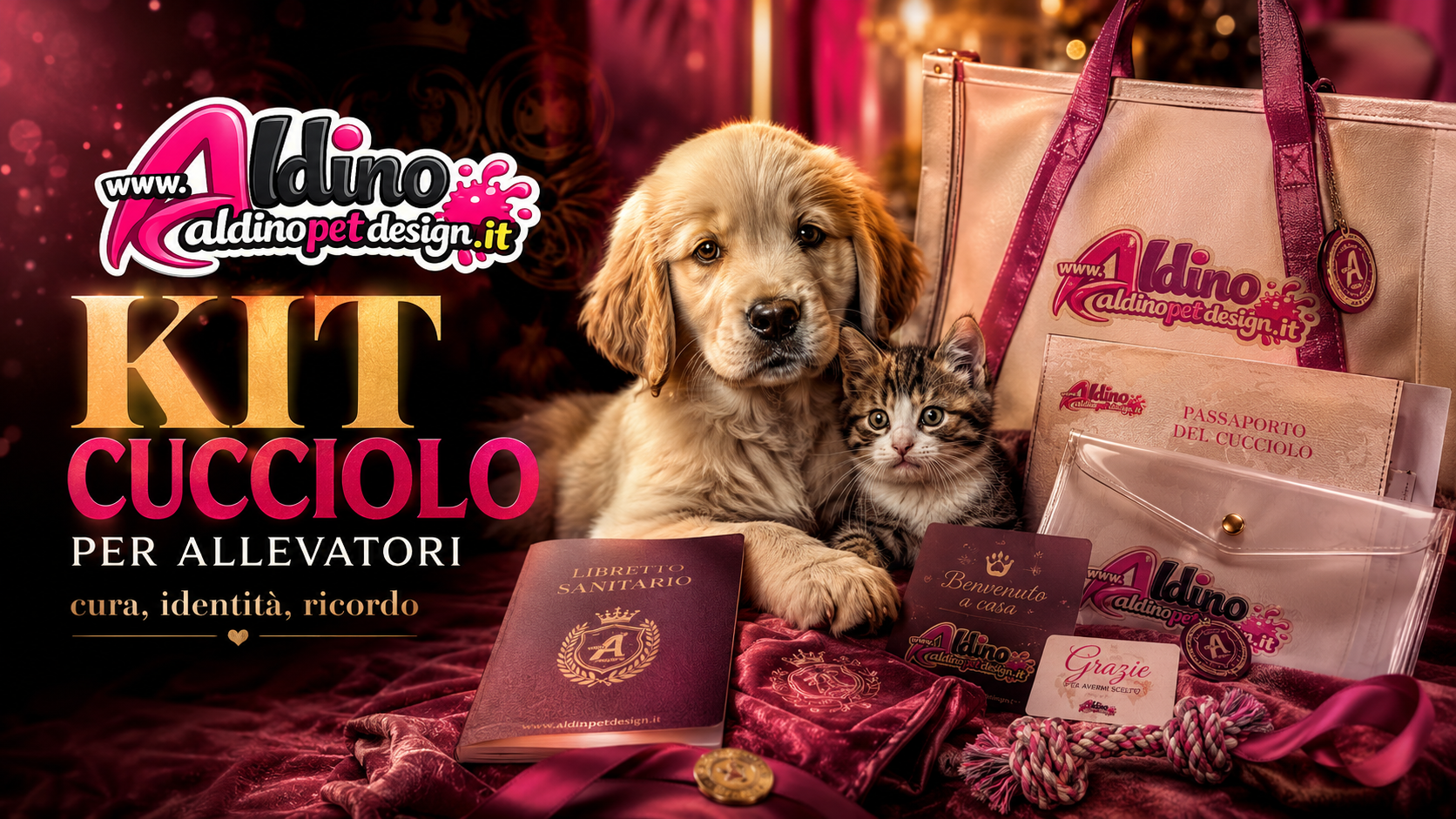 Kit cucciolo per allevatori Aldino Pet Design con shopper e libretto sanitario personalizzati