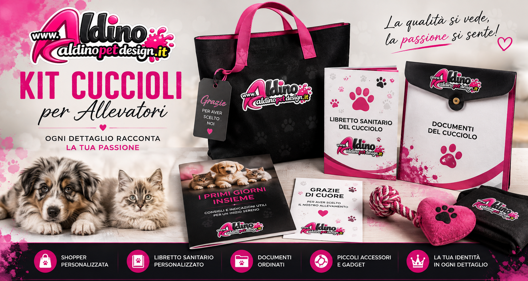 Kit cucciolo personalizzato Aldino Pet Design per allevatori di cani e gatti